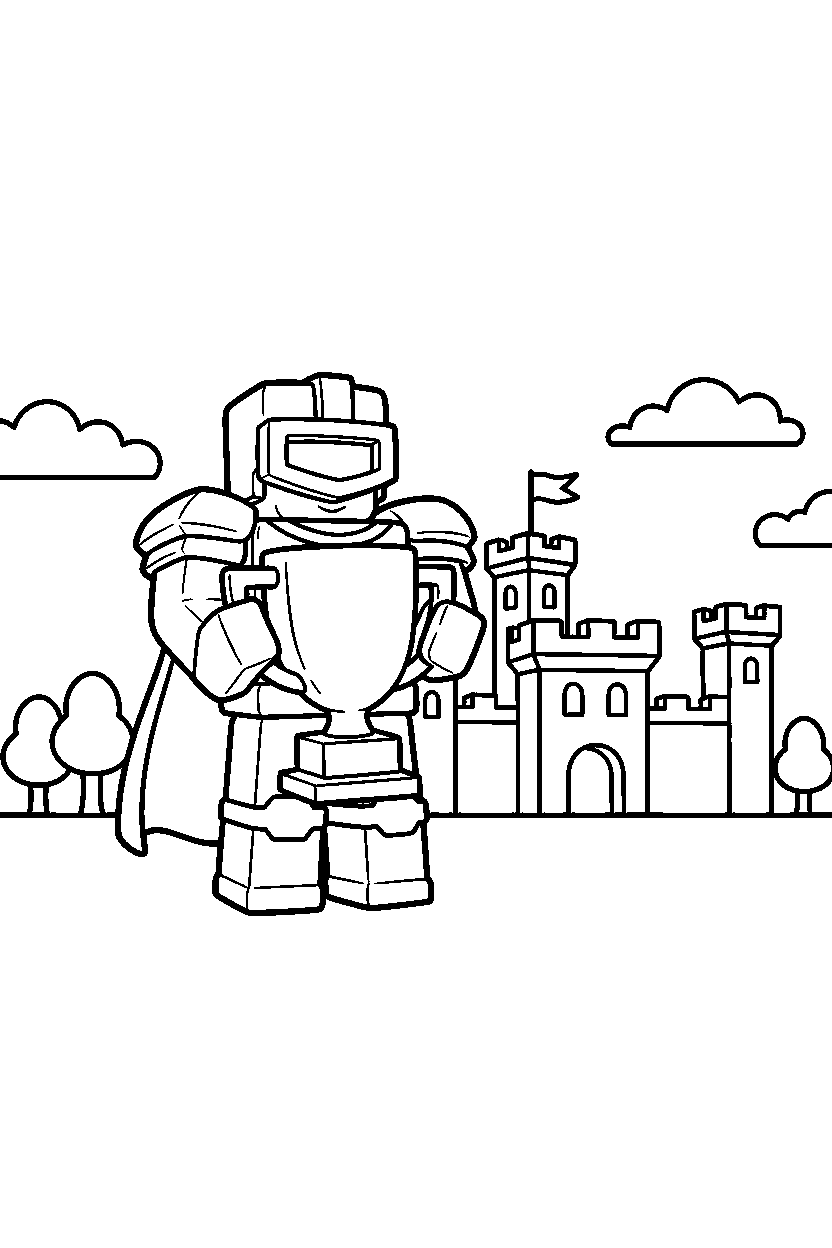roblox block warrior holding a trophy near a block fort line art