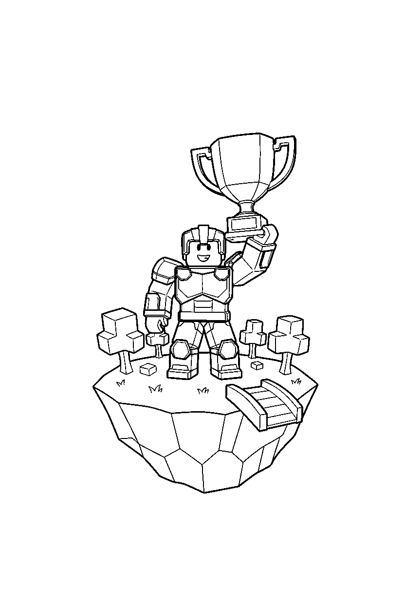 roblox block warrior holding a trophy on a block island line art