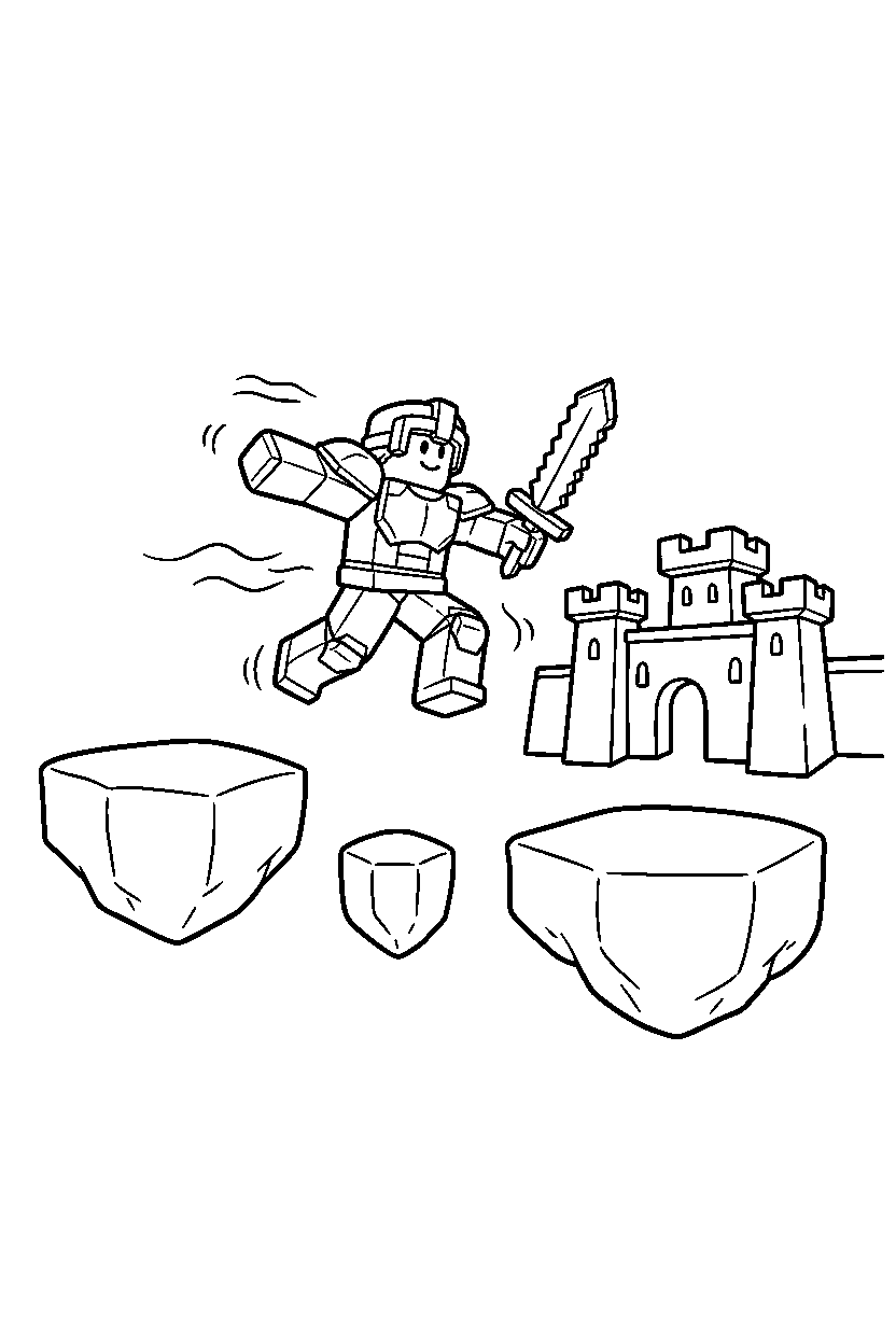 roblox block warrior jumping between blocks near a block fort line art