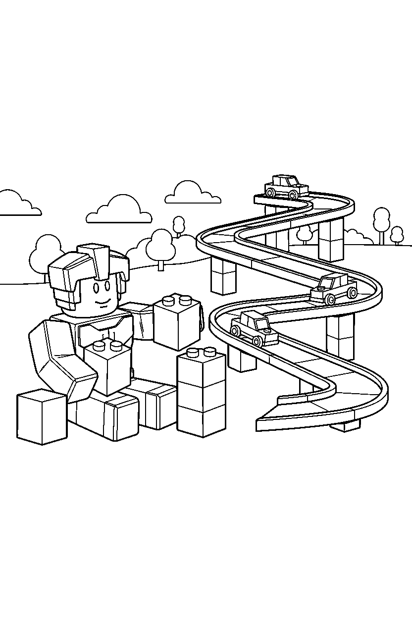 roblox block warrior playing with blocks near a block race track line art