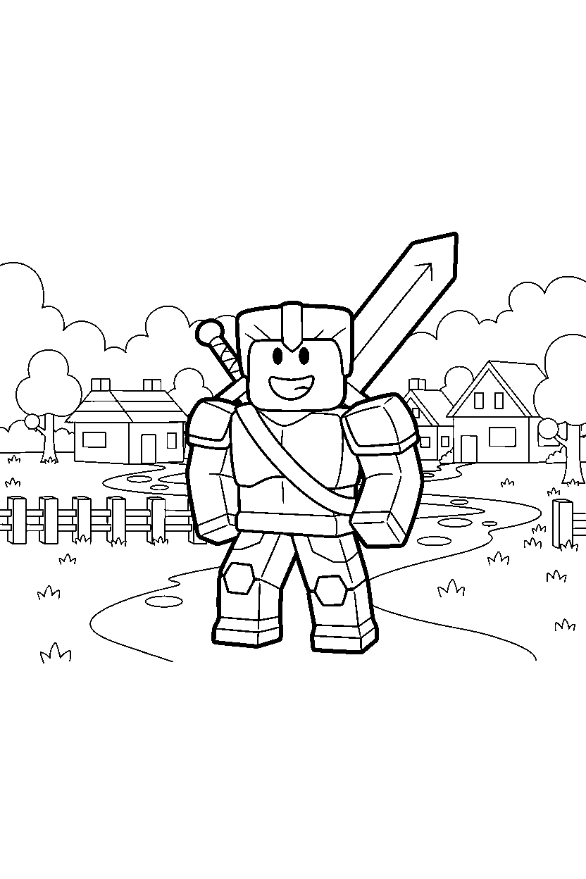 roblox block warrior smiling in a peaceful block village line art