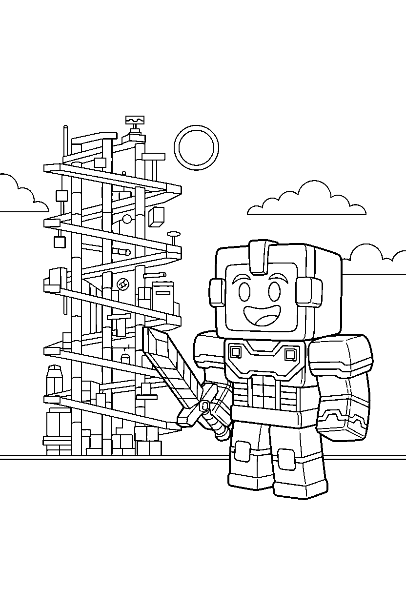 roblox block warrior smiling near a block parkour tower line art