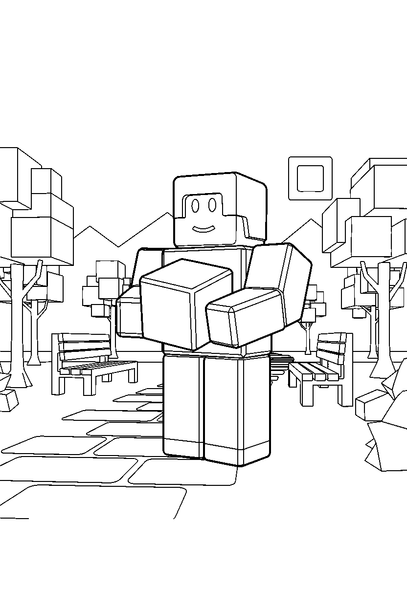 roblox blocky avatar holding a cube in a block park line art