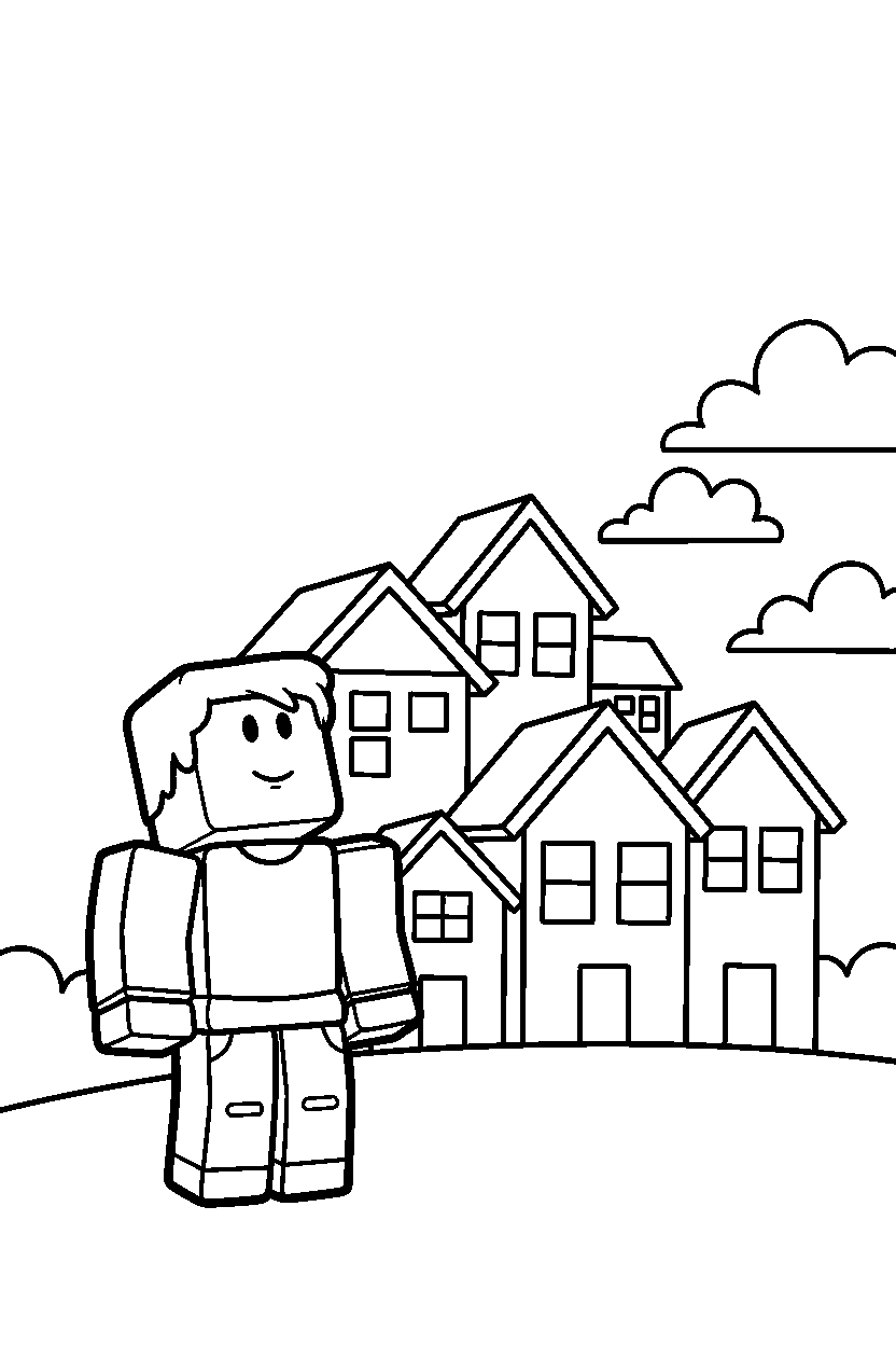 roblox blocky avatar looking up near block houses line art
