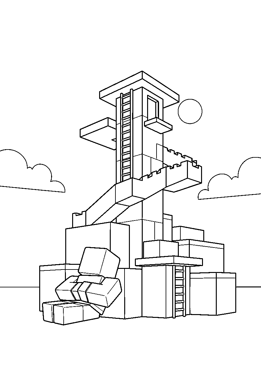 roblox blocky avatar resting near a block parkour tower line art