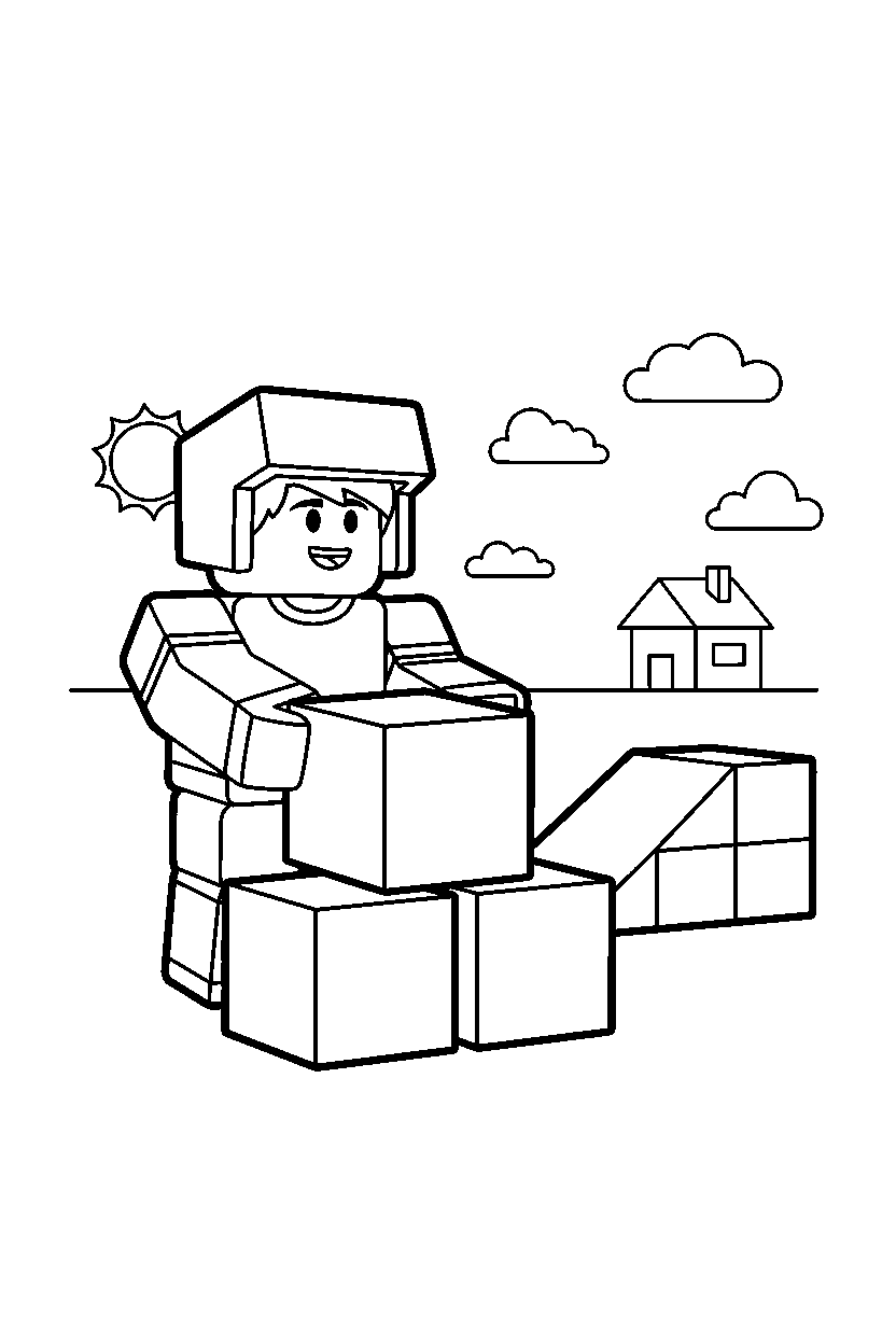 roblox boy avatar building with blocks near a block ramp line art