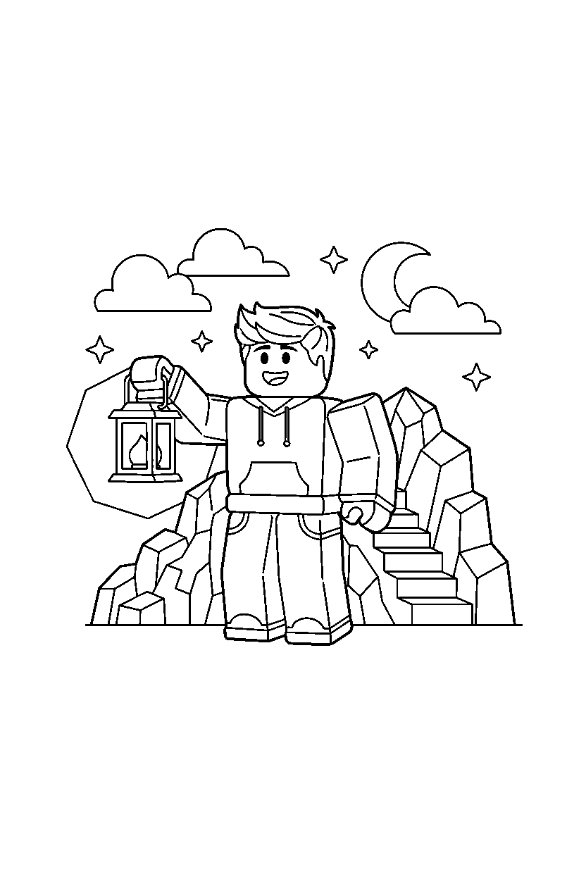 roblox boy avatar holding a lantern near a block hill line art
