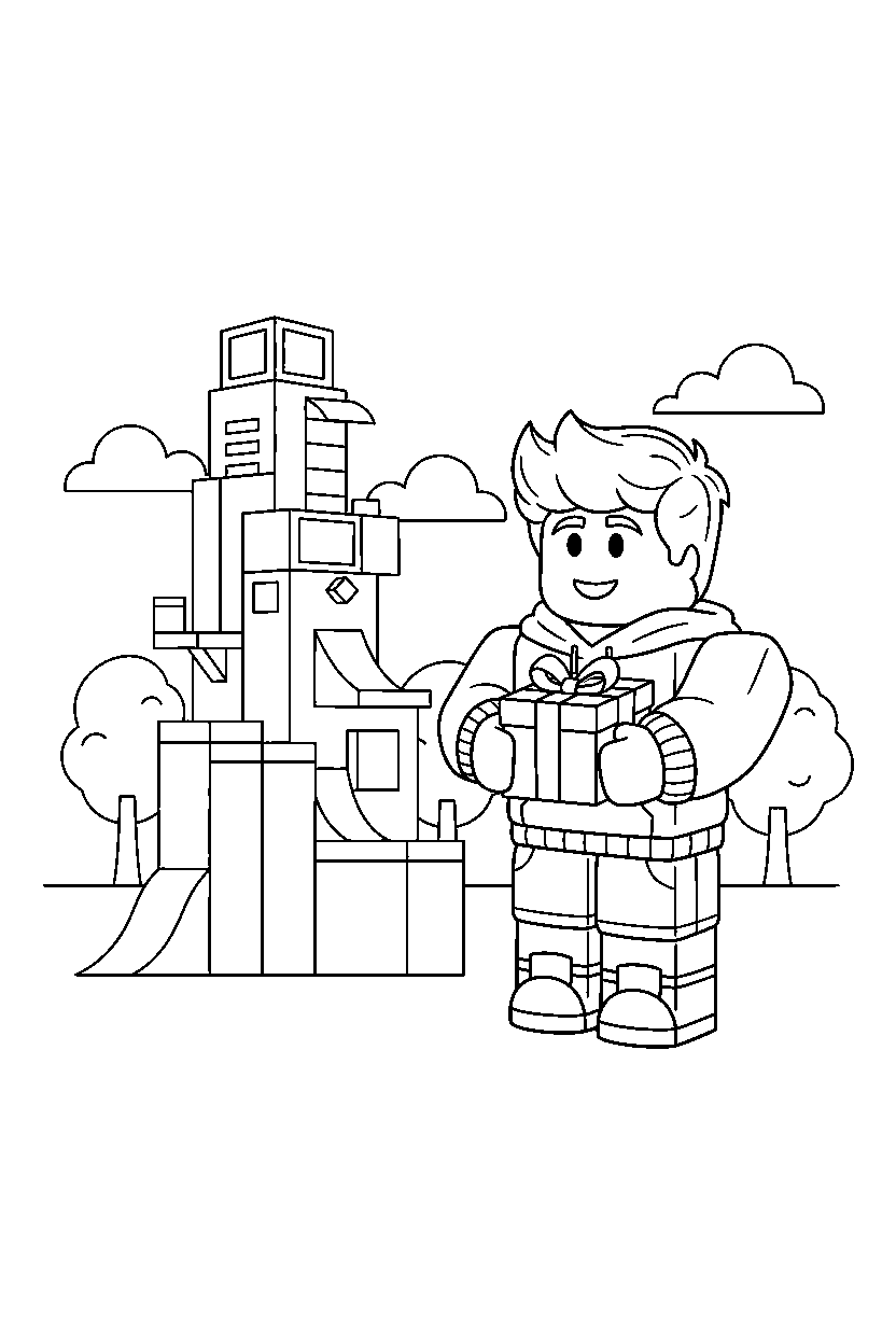 roblox boy avatar holding a small gift near a block parkour tower line art