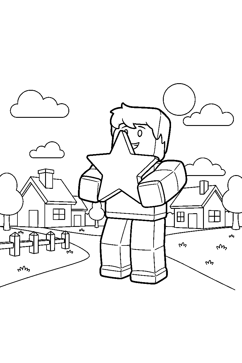 roblox boy avatar holding a star in a peaceful block village line art
