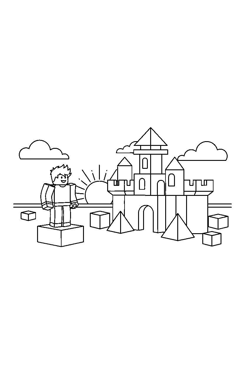 roblox boy avatar looking at the horizon near a block castle line art