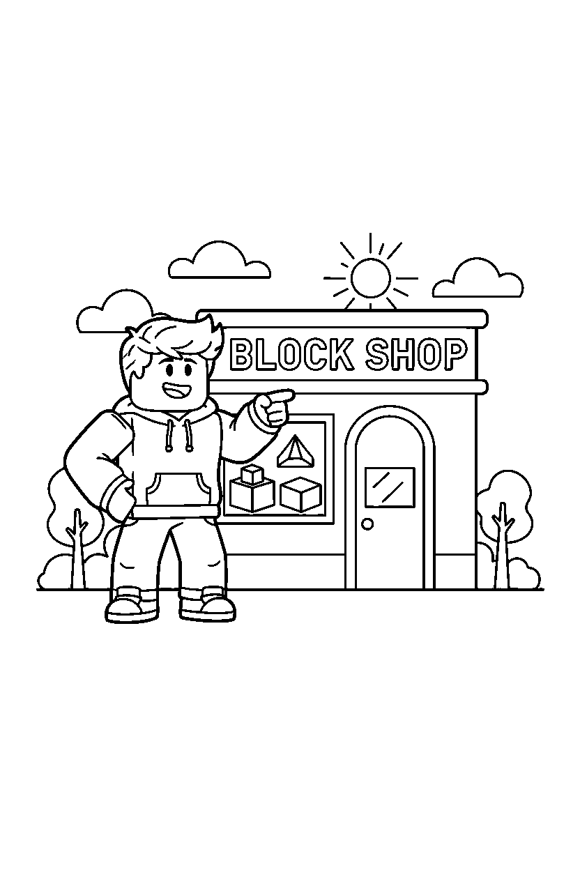 roblox boy avatar posing near a block shop line art
