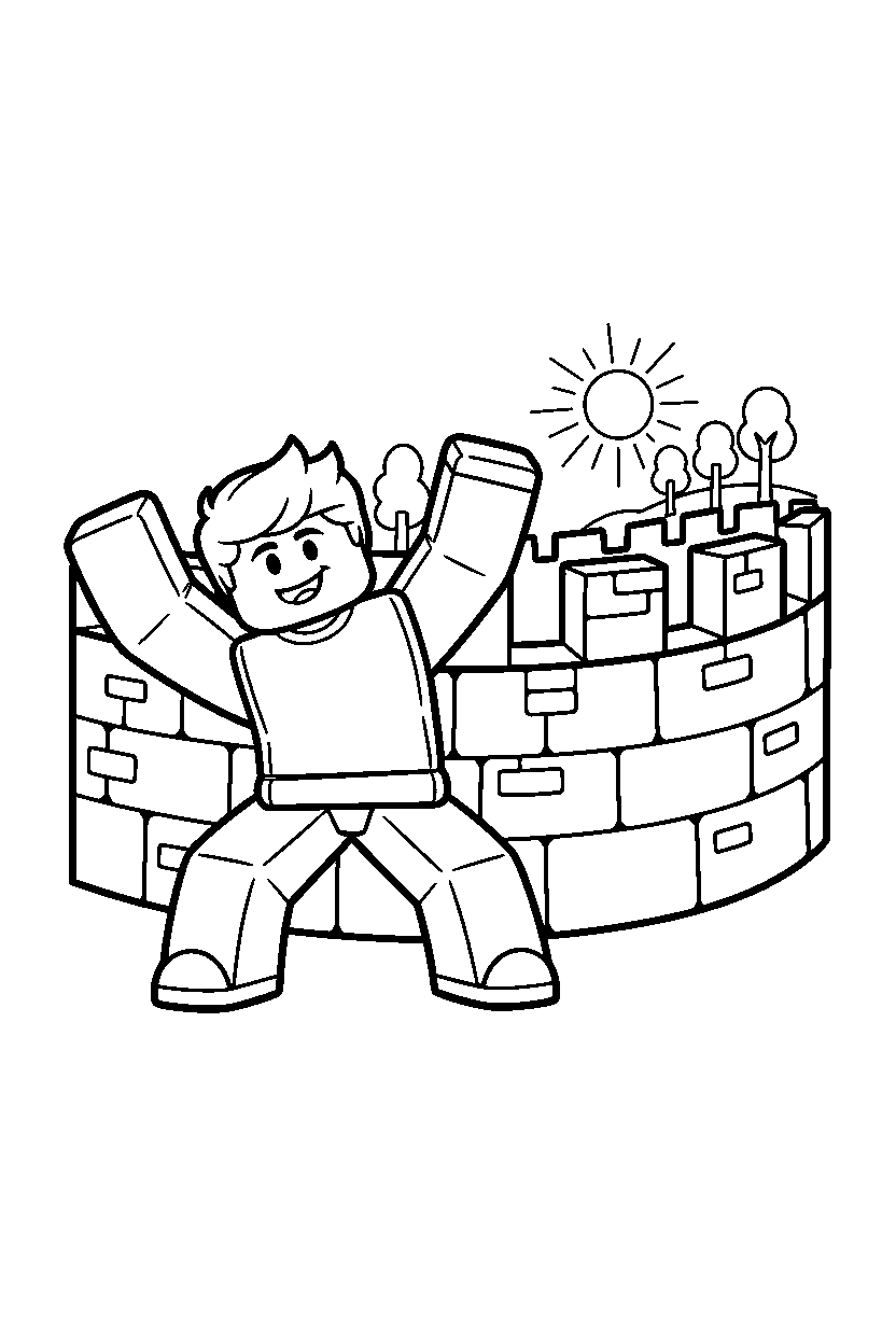 roblox boy avatar stretching near a block castle wall line art