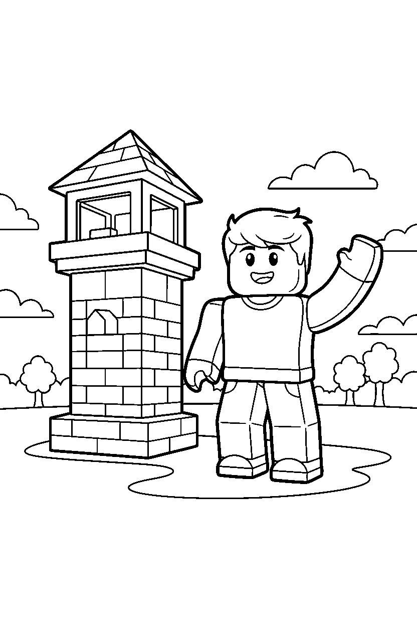 roblox boy avatar waving near a block watch tower line art