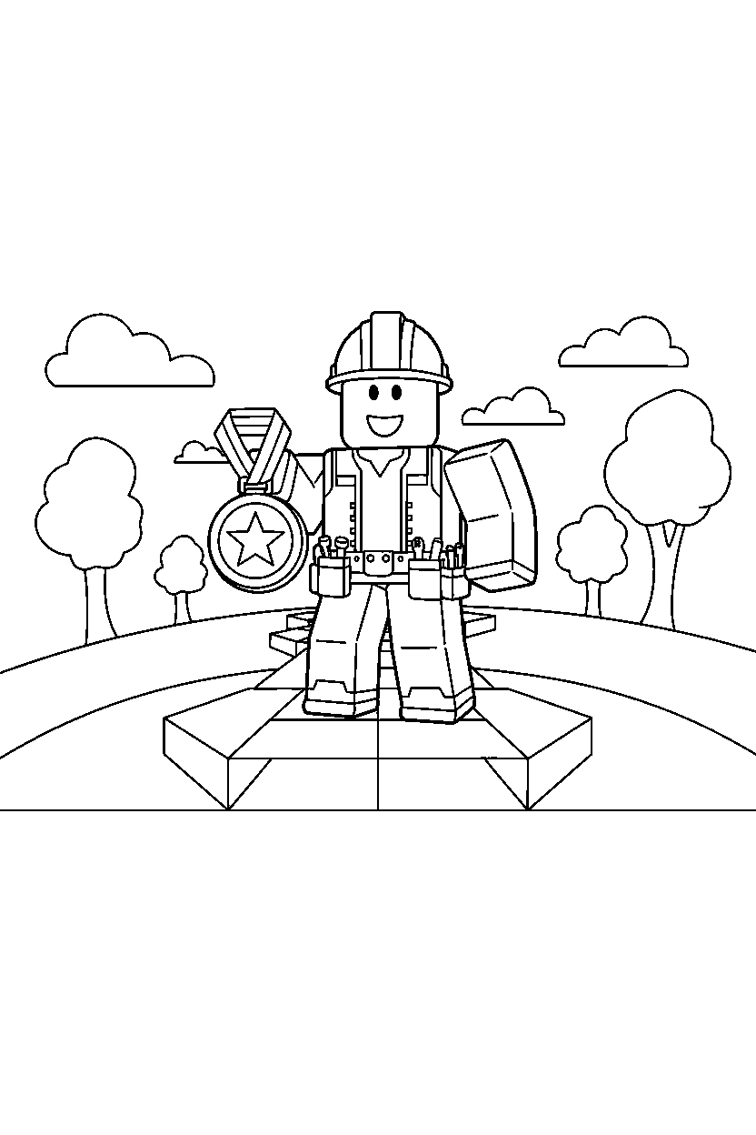 roblox builder avatar holding a medal near a block hill path line art