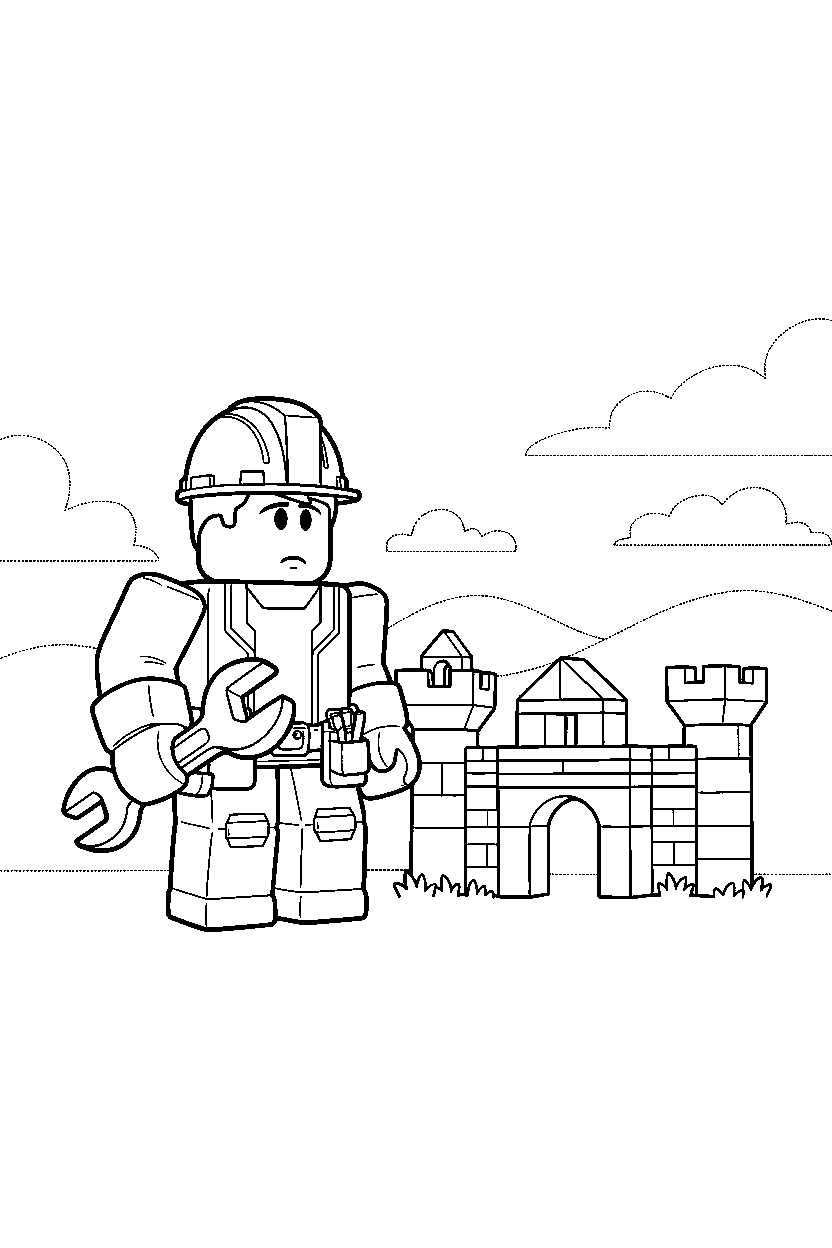 roblox builder avatar looking down near a block fort line art
