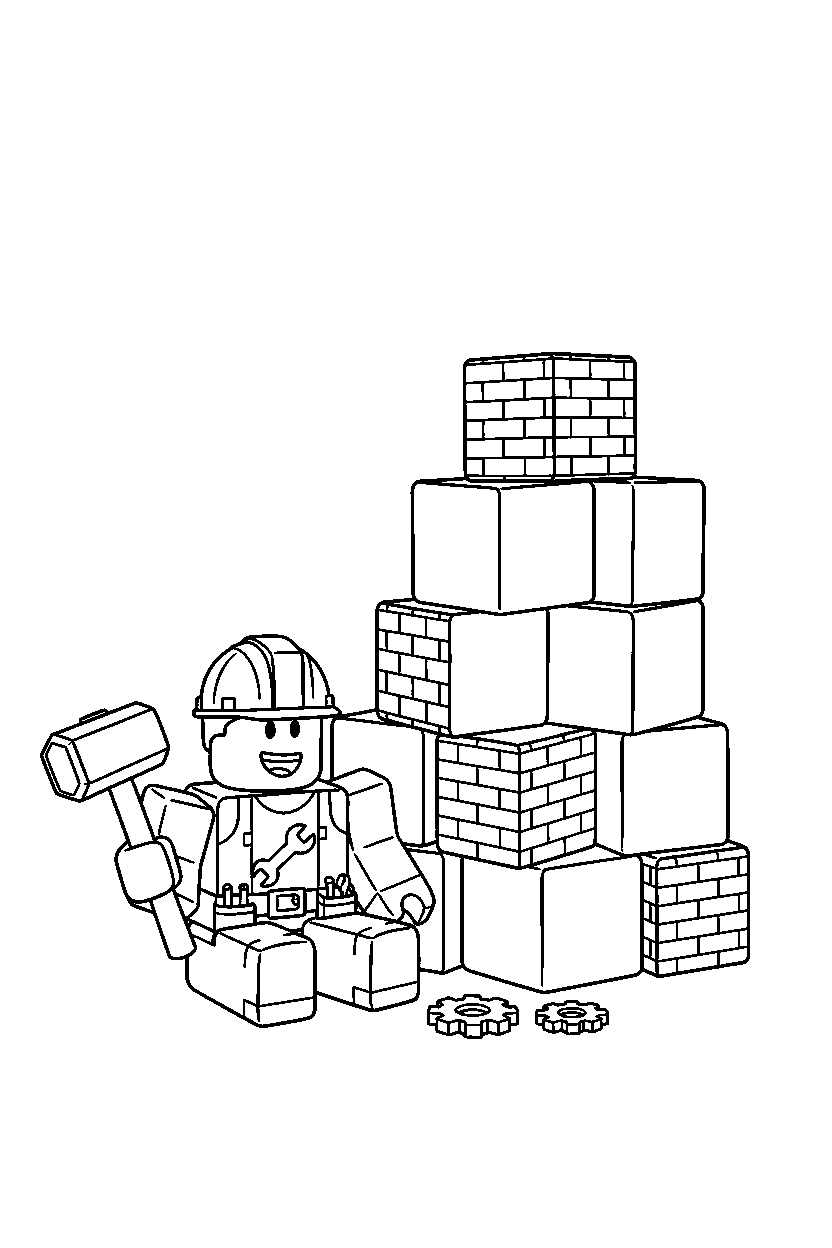 roblox builder avatar sitting near stacked blocks line art