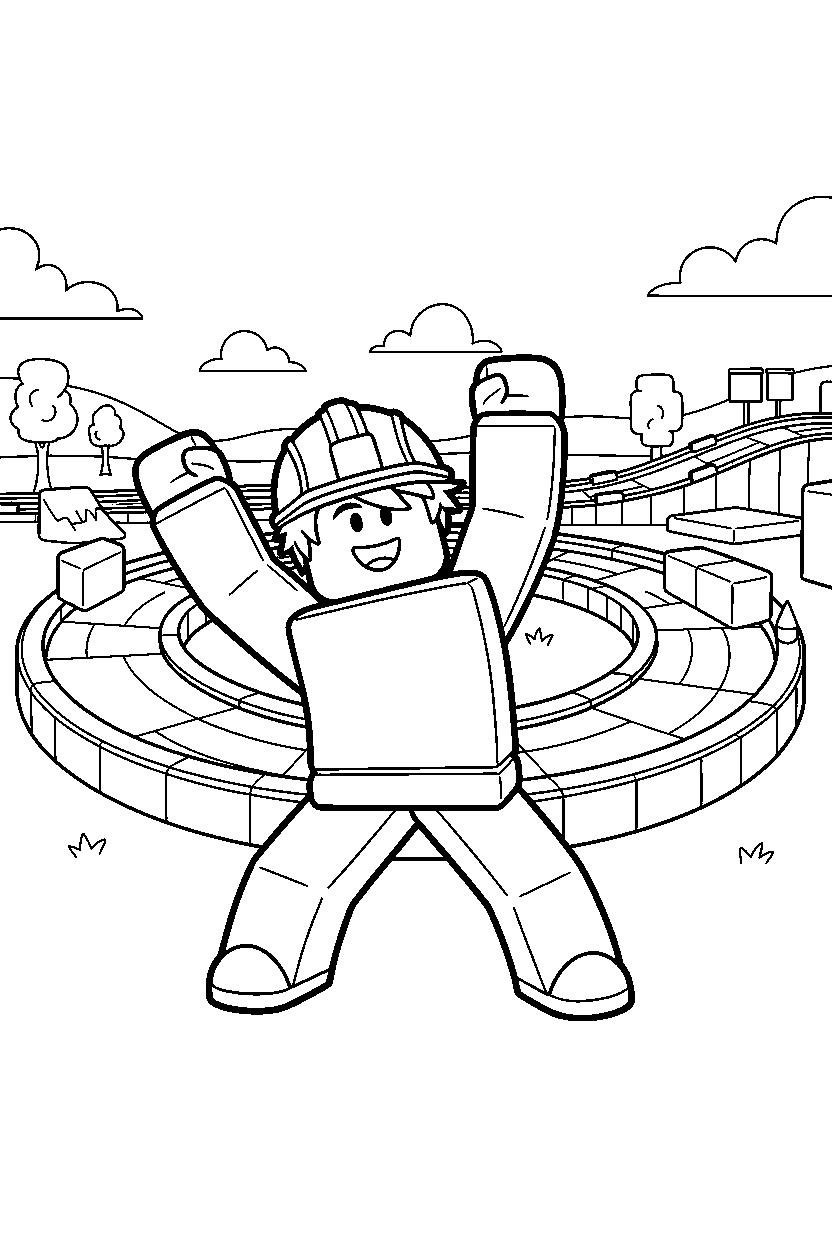 roblox builder avatar stretching near a block race track line art