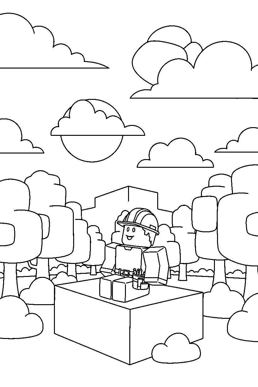 roblox builder avatar watching the sky in a block forest line art