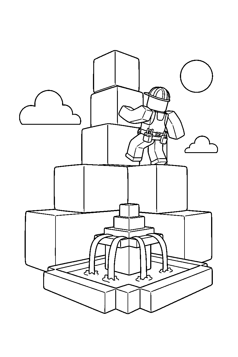 roblox builder climbing blocks near a block fountain line art