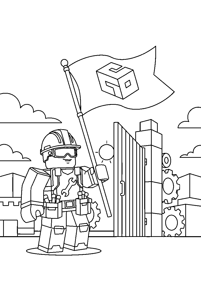 roblox builder holding a flag near a block gate line art