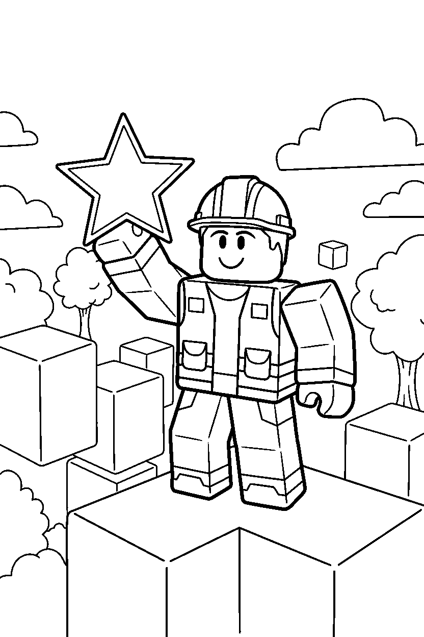 roblox builder holding a star in a block world line art