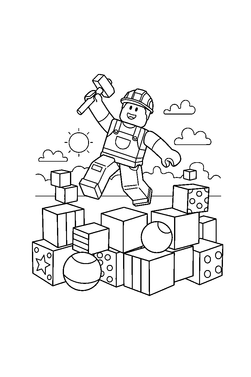 roblox builder jumping in a colorful block world line art