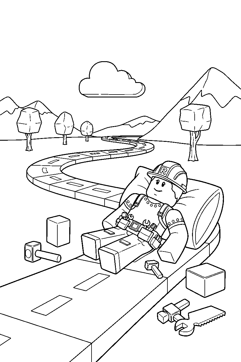 roblox builder resting on a block road line art
