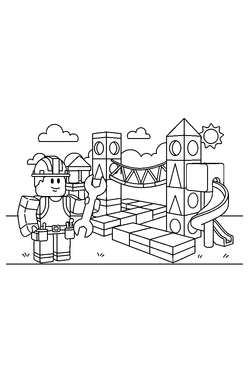 roblox builder standing near a block adventure park line art