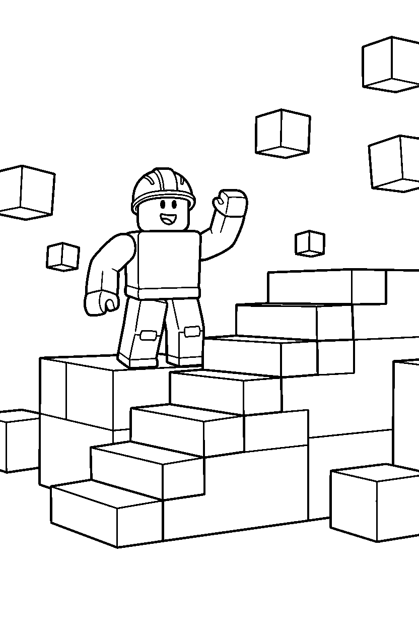 roblox builder waving near block stairs line art
