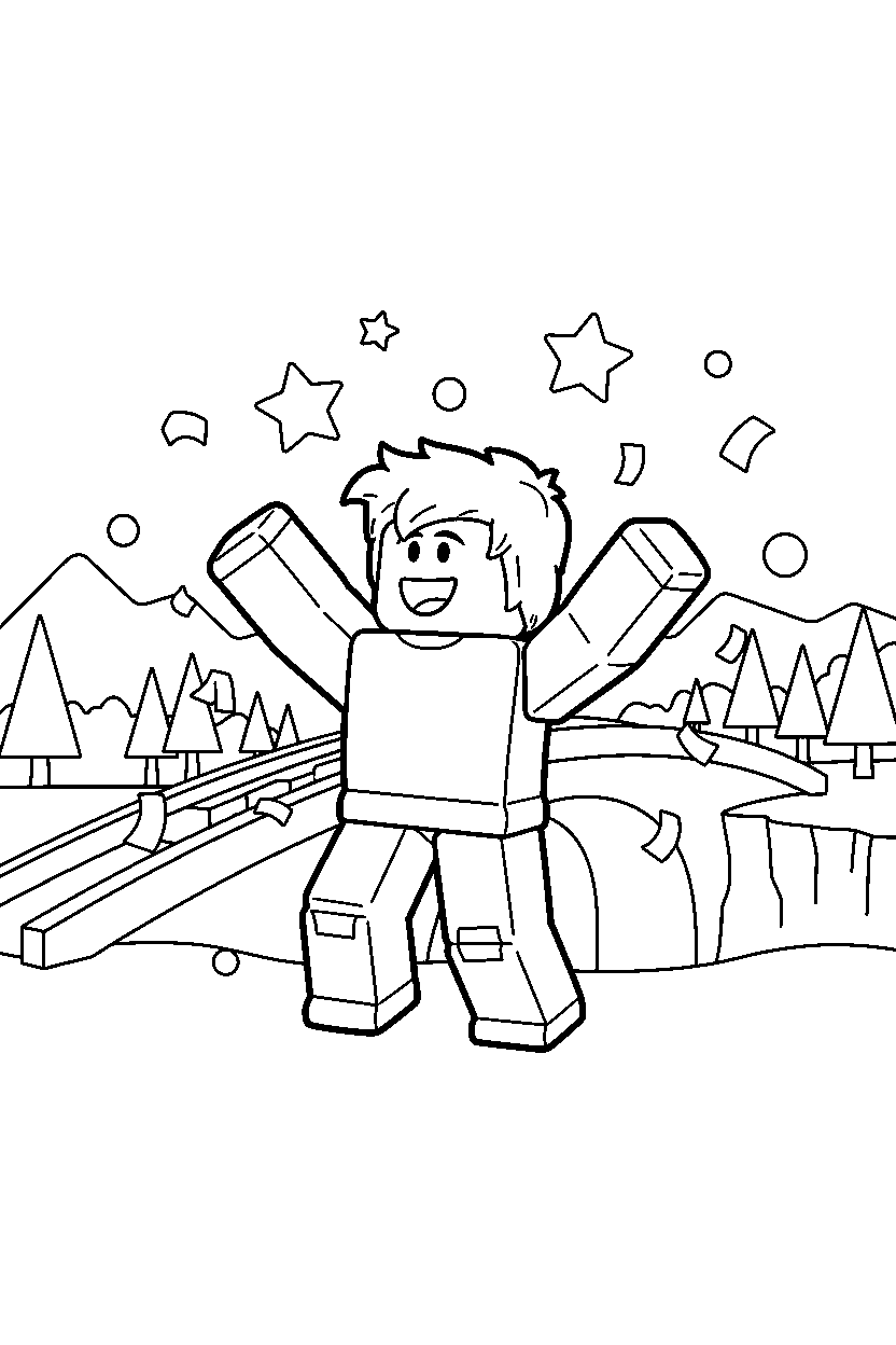roblox cartoon avatar celebrating victory near a block bridge line art