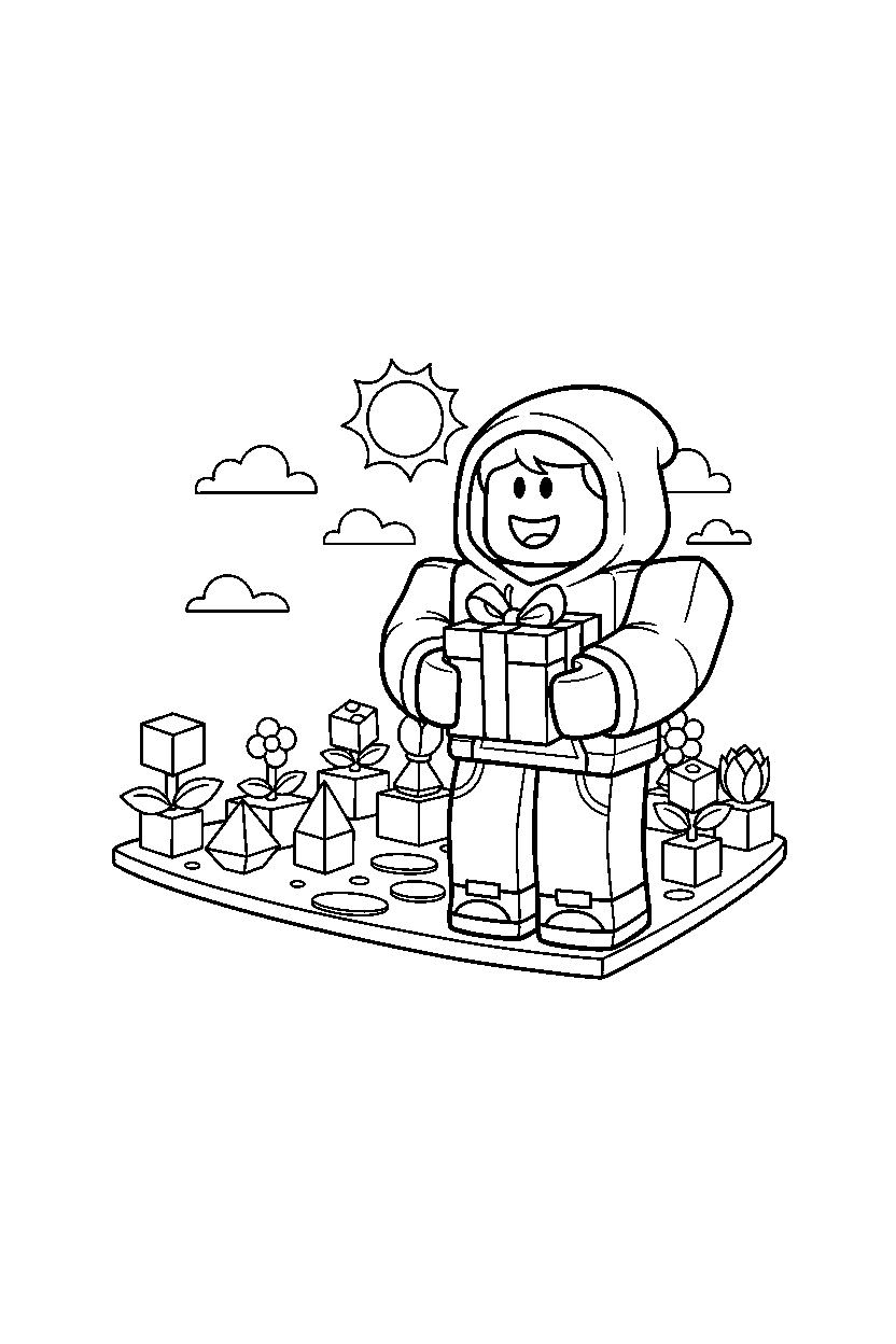 roblox cartoon avatar holding a small gift near a block garden line art