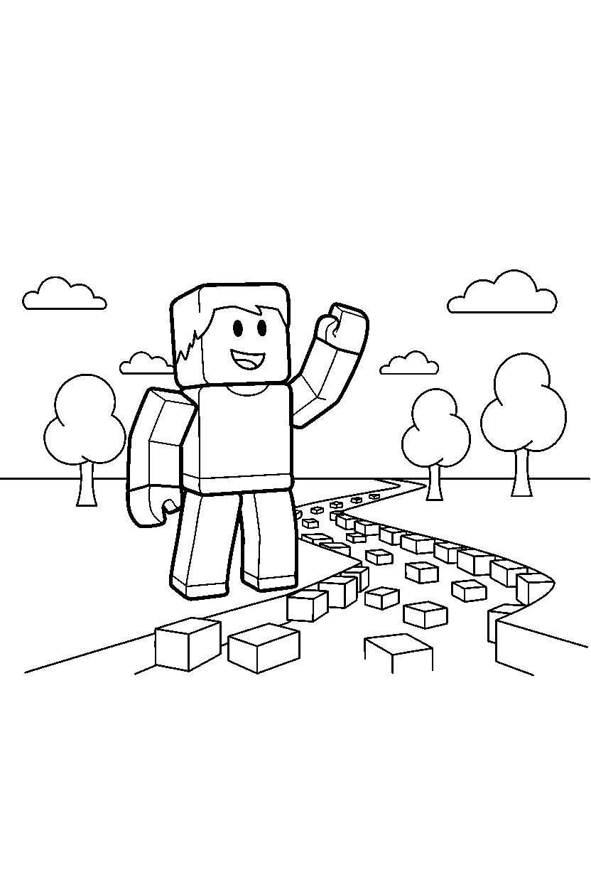roblox cartoon avatar raising a hand near a block river line art