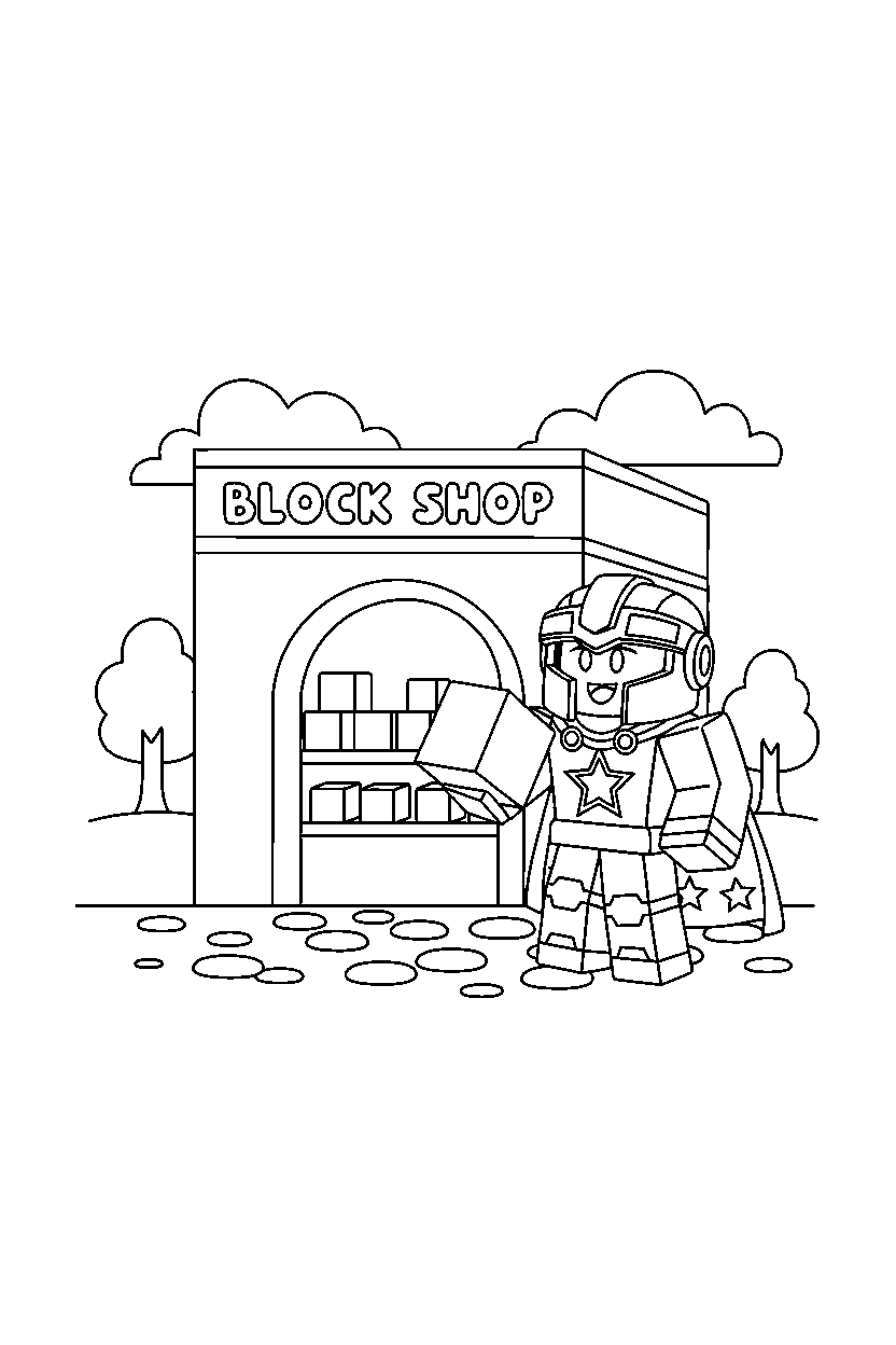 roblox champion holding a block near a block shop line art