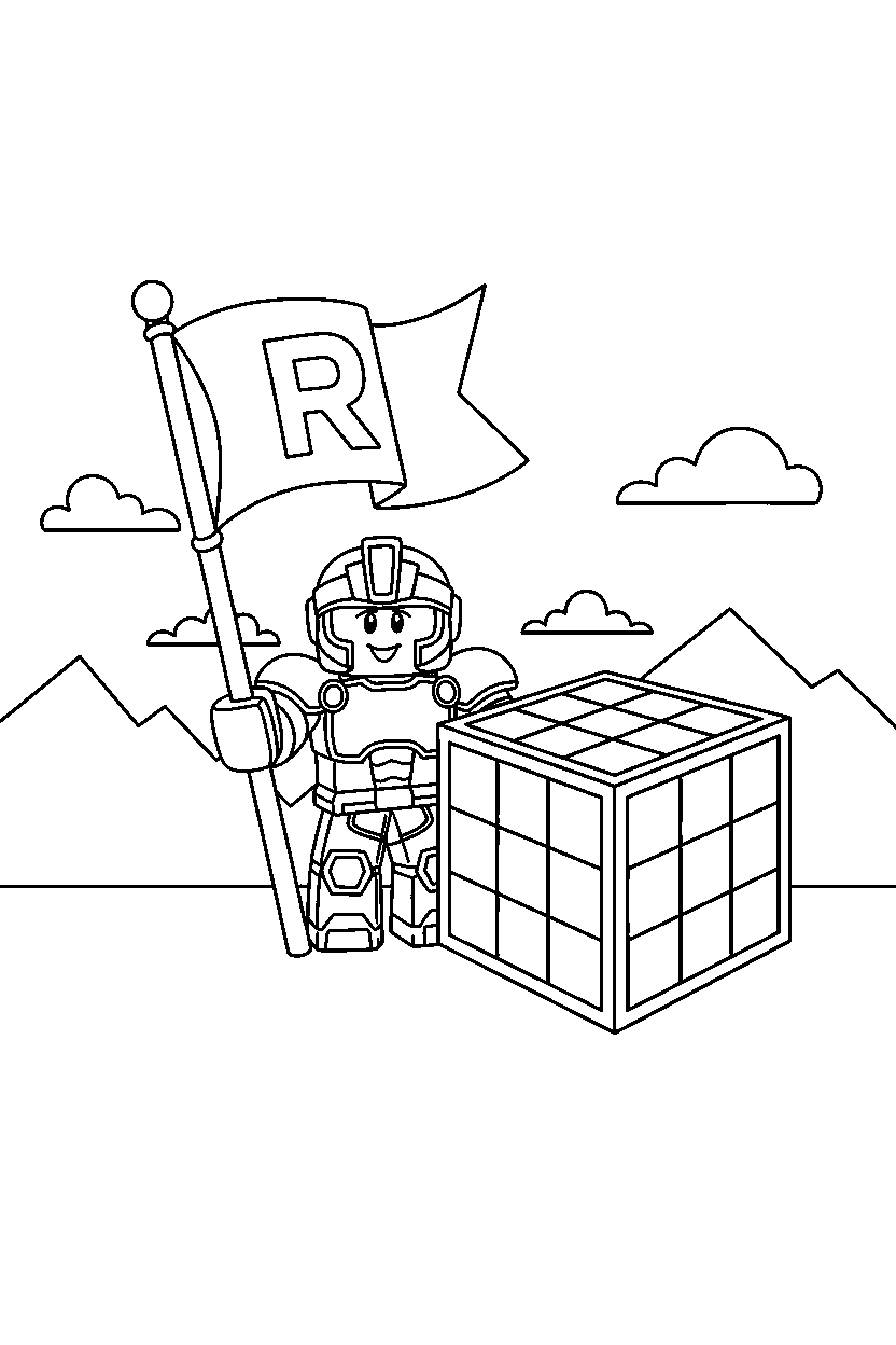 roblox champion holding a flag near a block square line art
