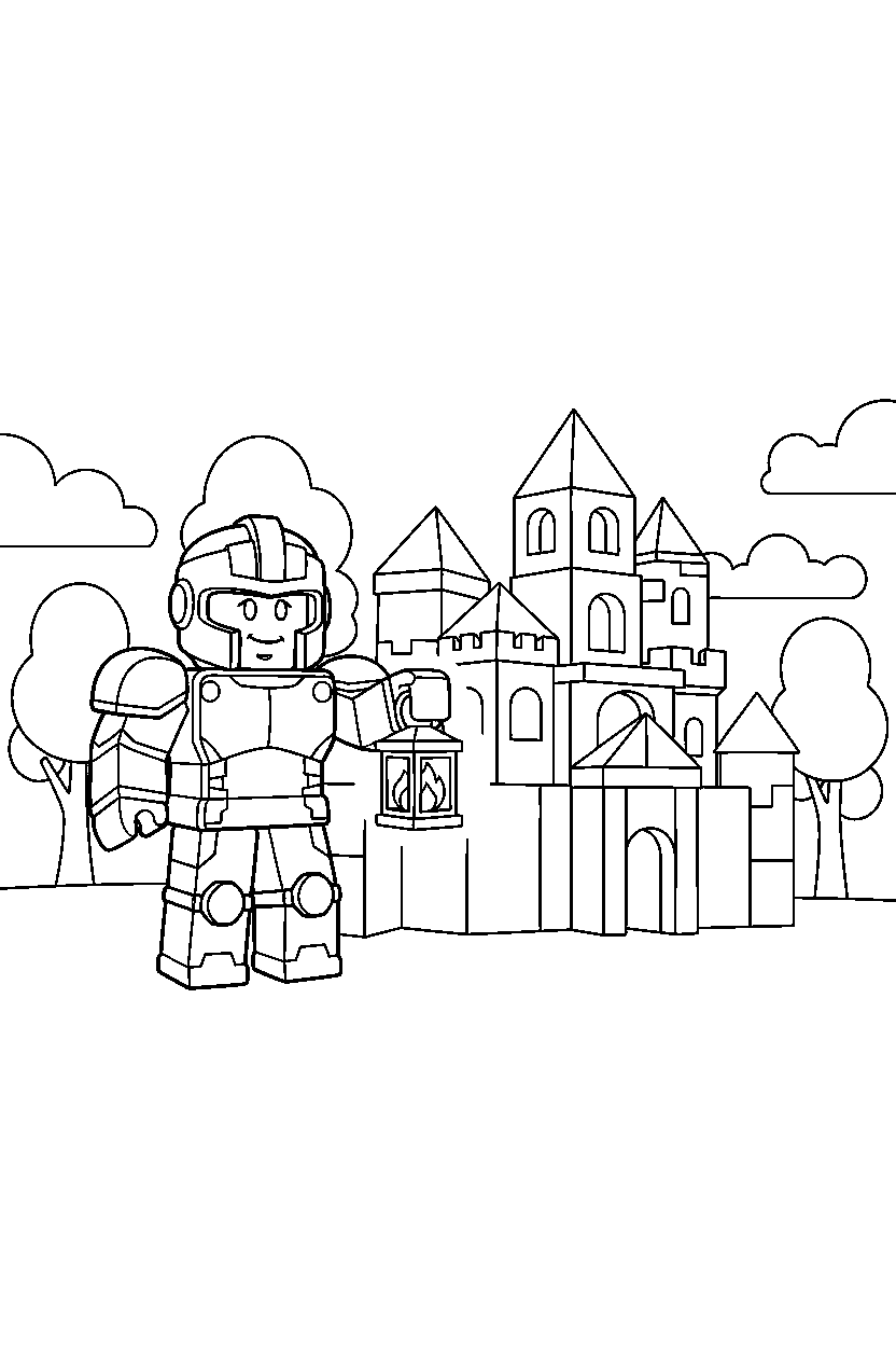 roblox champion holding a lantern near a block castle line art