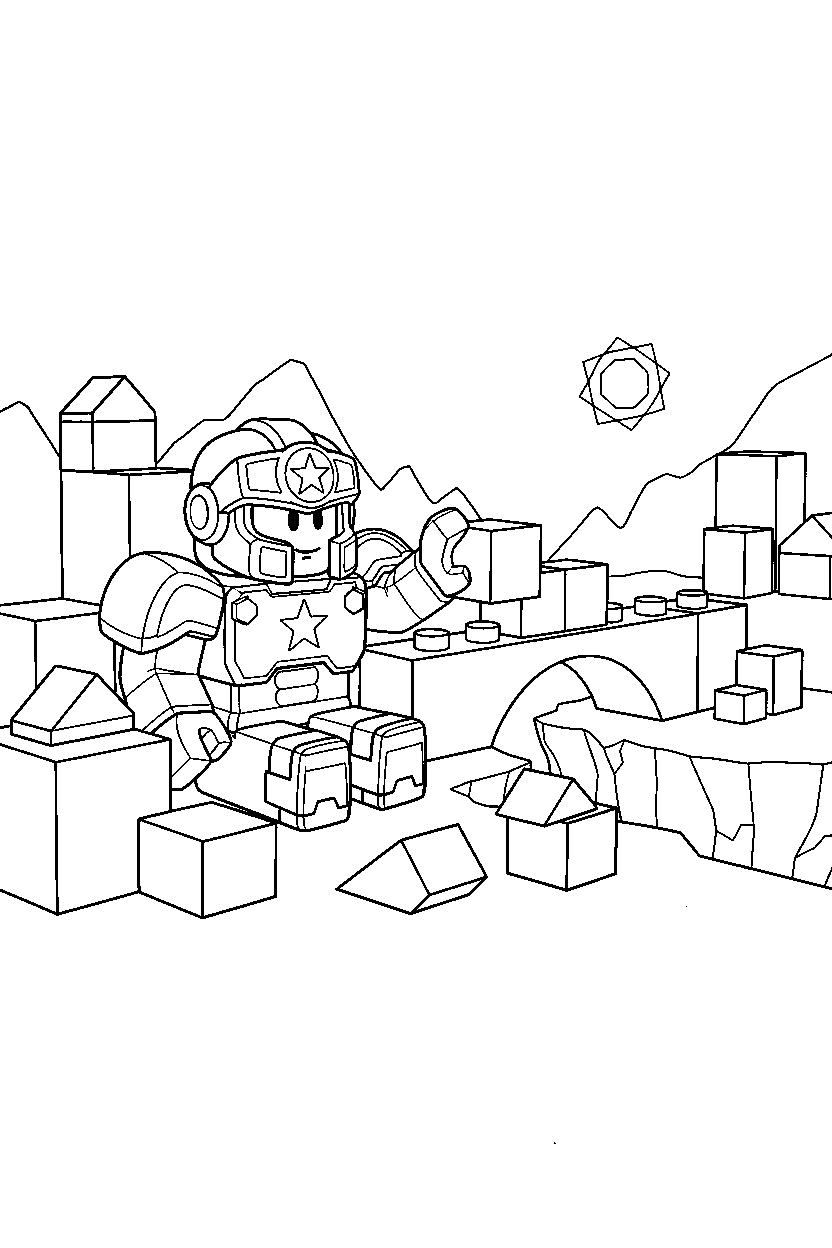 roblox champion playing with blocks near a block bridge crossing line art