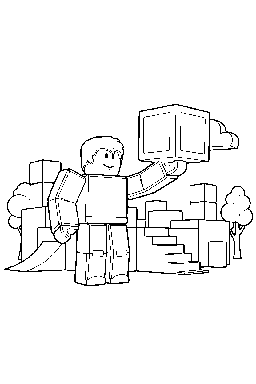 roblox character holding a cube near a block training camp line art