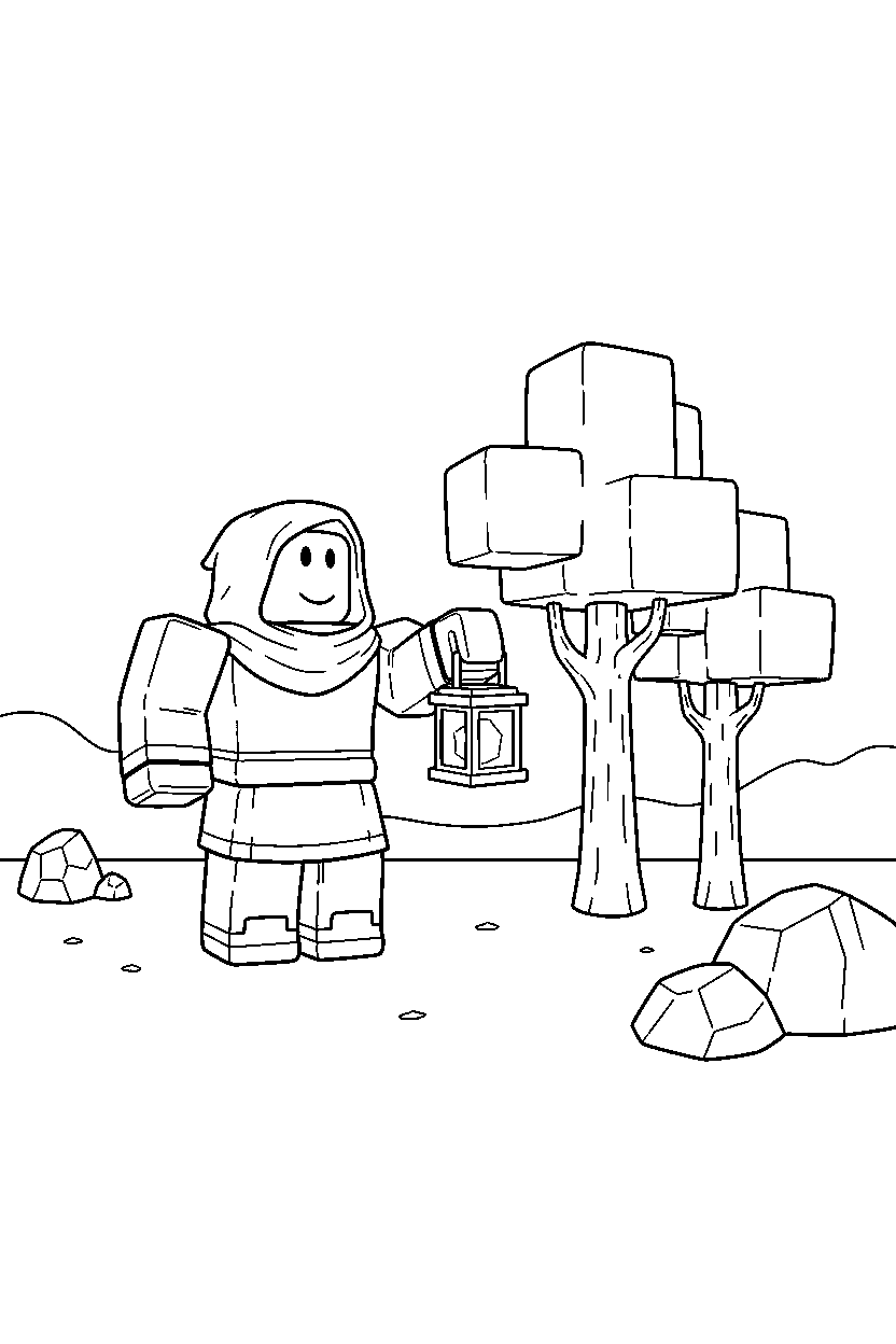 roblox character holding a lantern near block trees line art