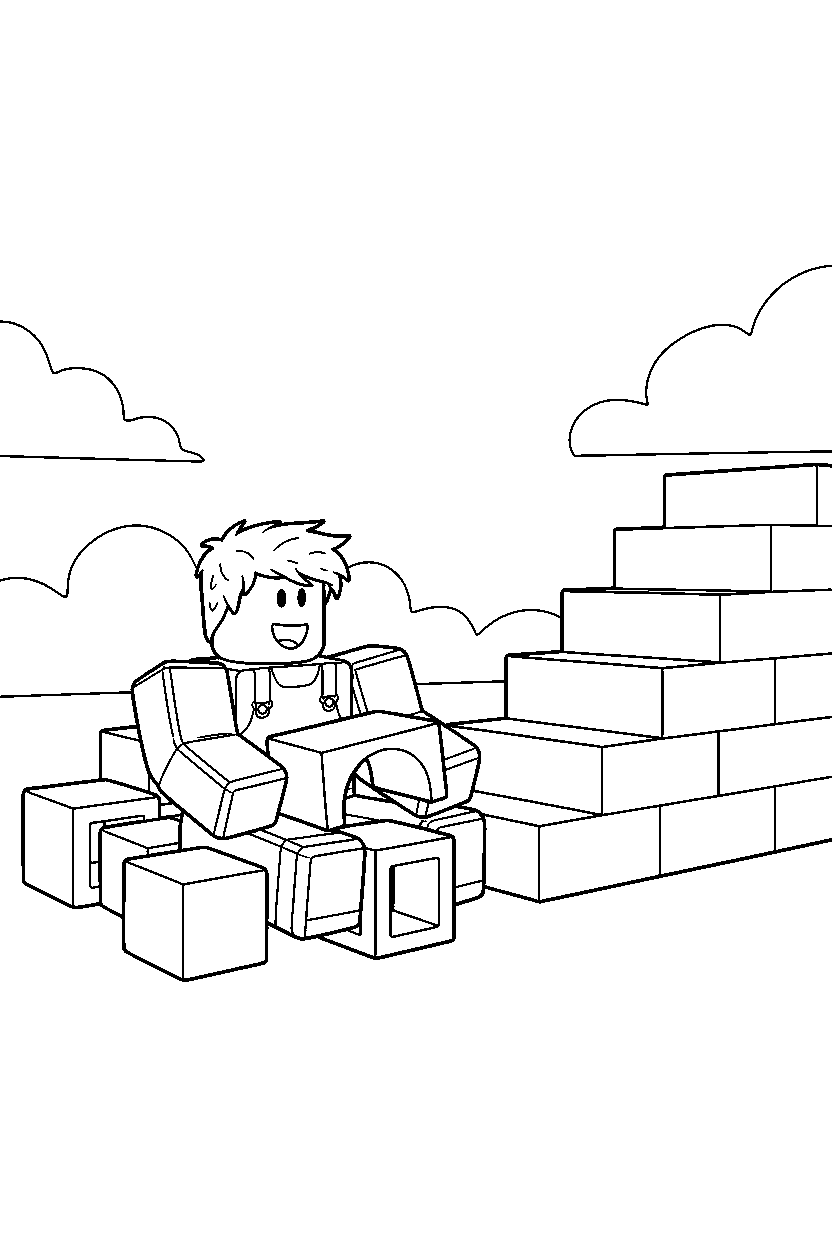 roblox character playing with blocks near block stairs line art