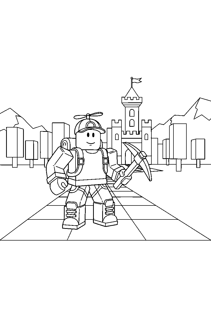 roblox character ready for adventure in a block world line art