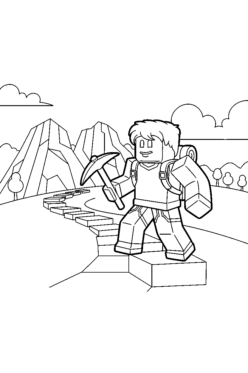 roblox character ready for adventure near a block hill path line art
