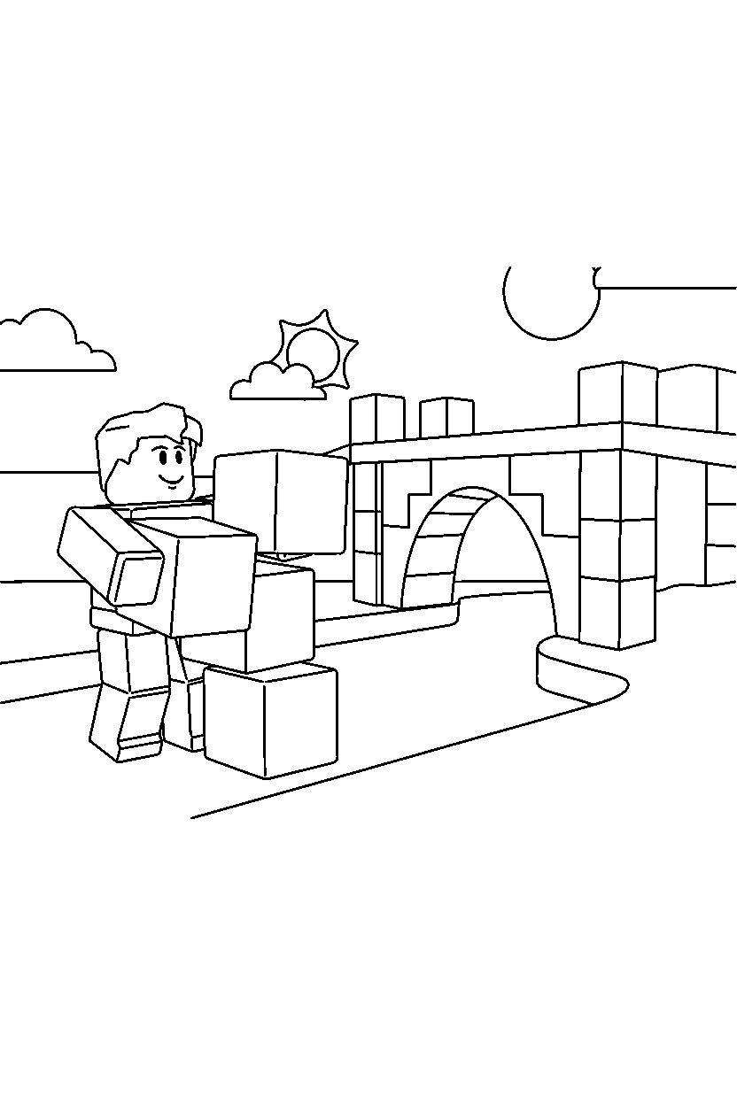 roblox character stacking blocks near a block bridge line art
