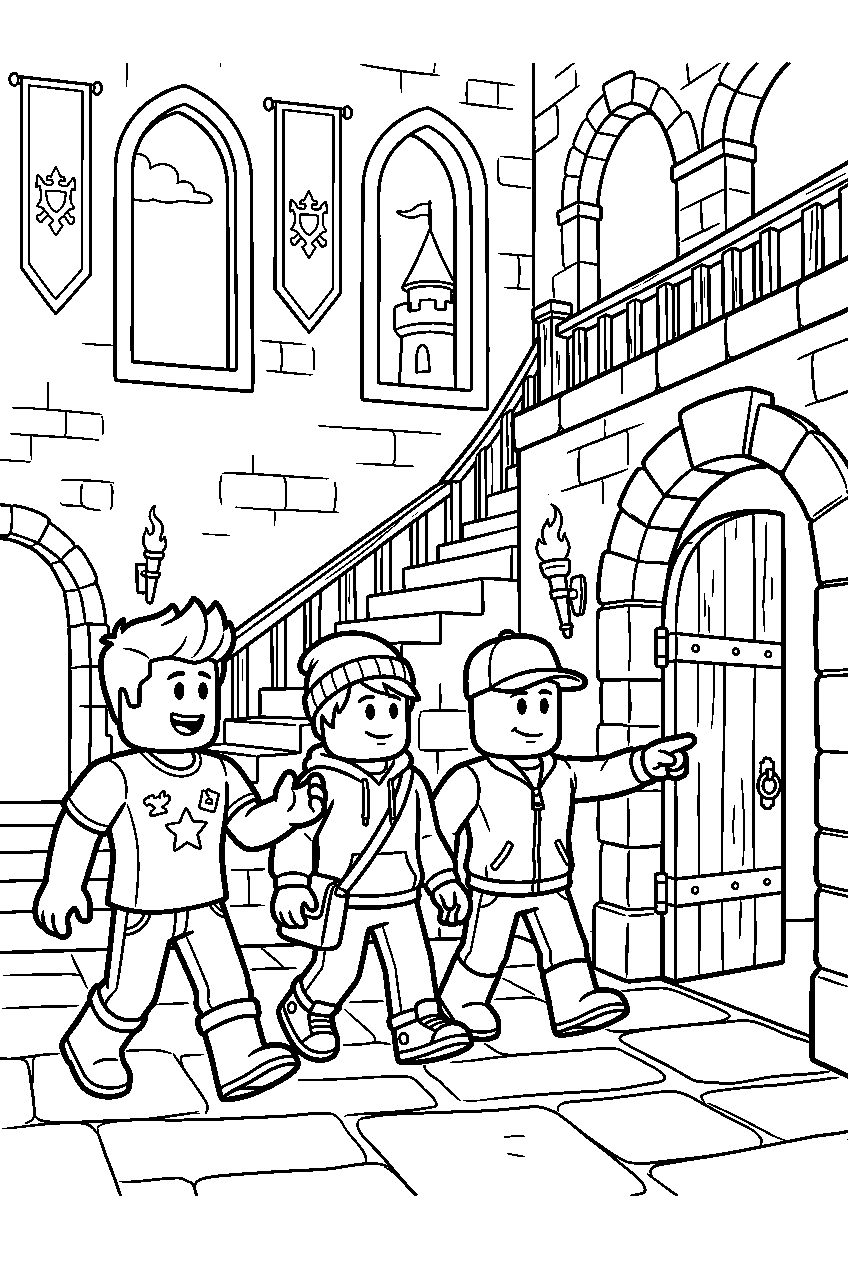 roblox characters exploring in castle line art