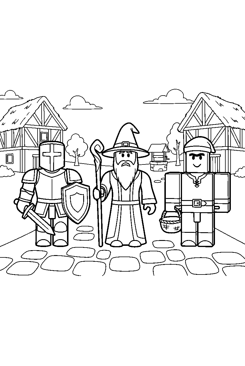 roblox characters in medieval village line art