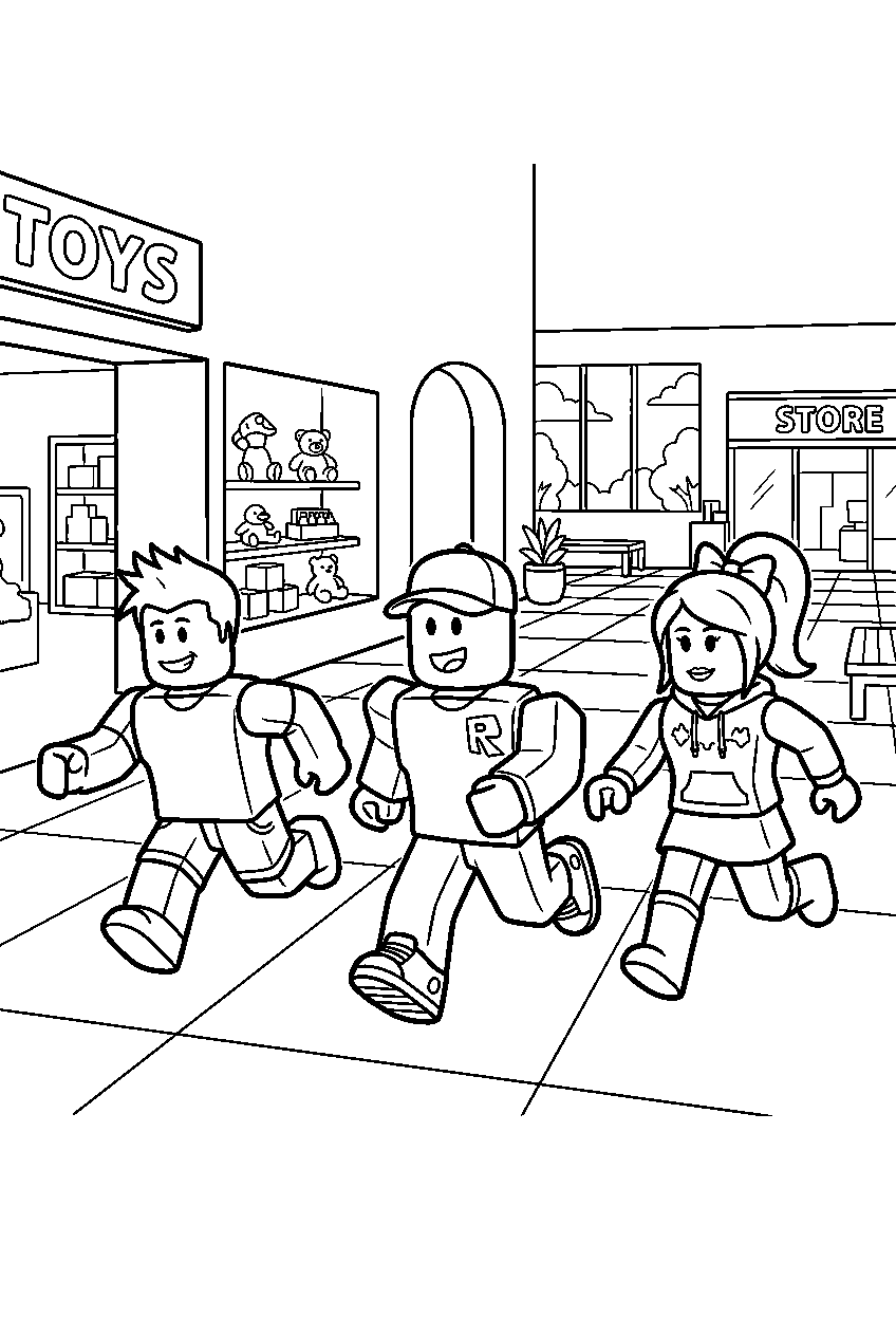 roblox characters running in shopping mall line art