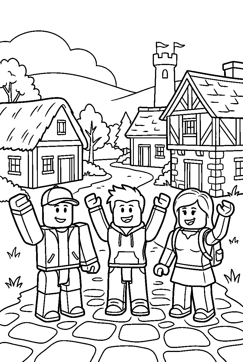roblox characters waving in medieval village line art