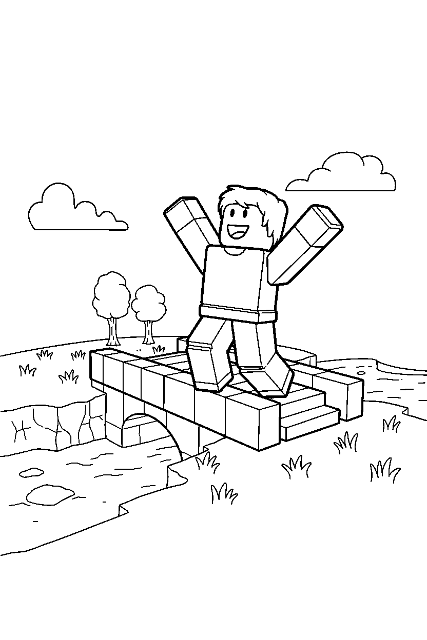 roblox classic avatar celebrating near a block bridge crossing line art
