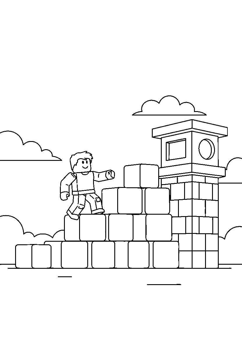roblox classic avatar climbing blocks near a block watch tower line art
