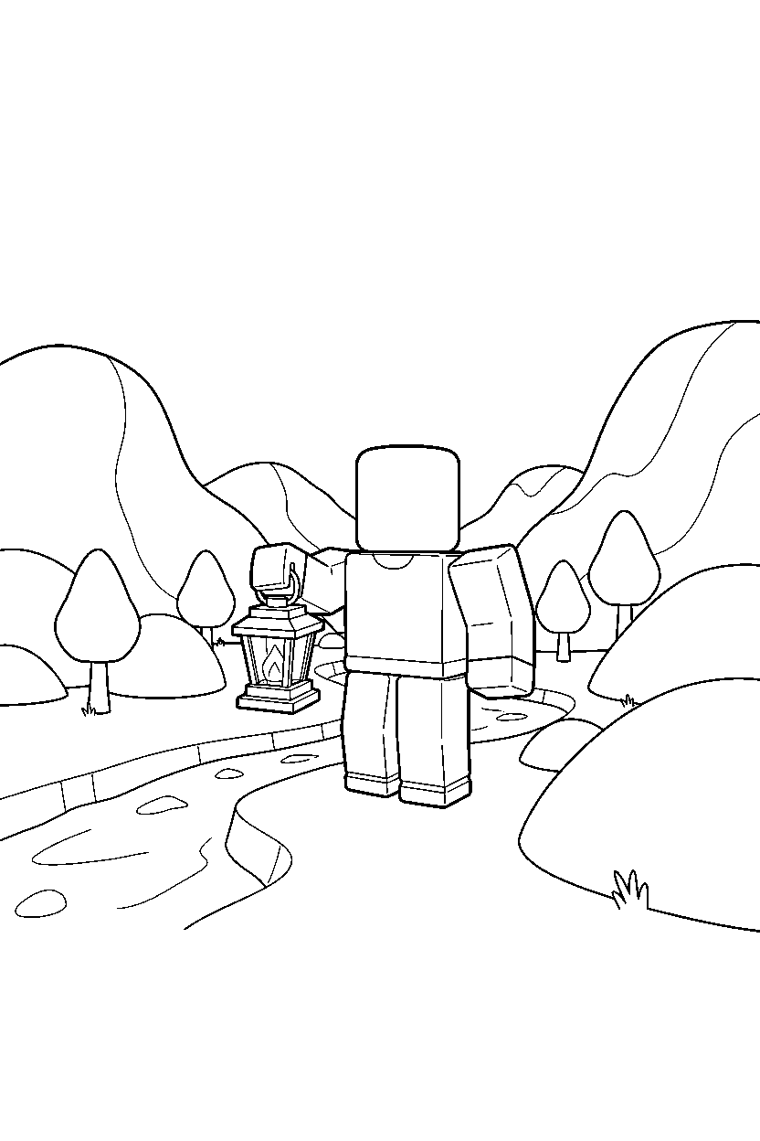roblox classic avatar holding a lantern in a block valley line art