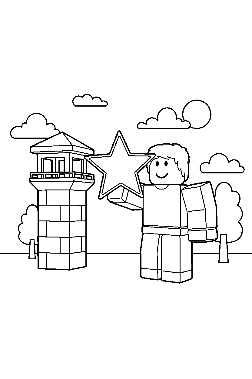 roblox classic avatar holding a star near a block watch tower line art